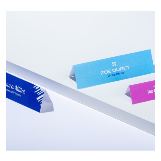 L'image montre des cartes de visite en plastique avec des noms et titres professionnels. Les cartes sont de différentes couleurs: bleu, violet, et rose.