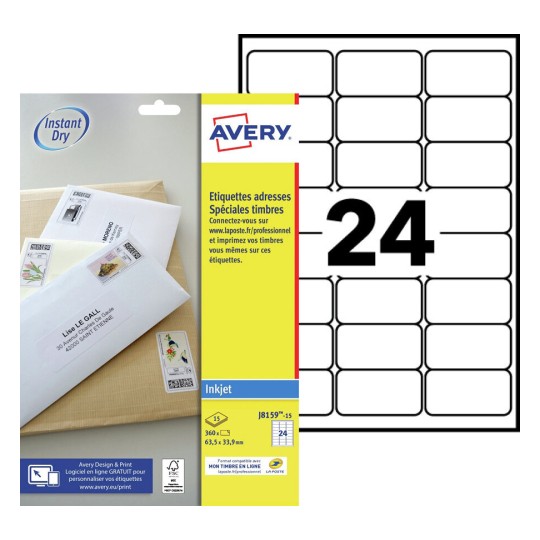 Papier d'impression Avery Dennison Etiquettes pour Adresses à imprimer - 63  x 38 mm - 252 étiquettes (12 Feuilles) - J8160-12