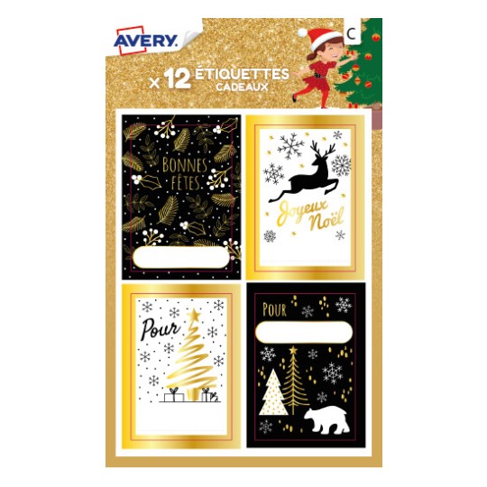 12 étiquettes cadeaux de Noël, motifs scintillants noir et doré NGIFT06