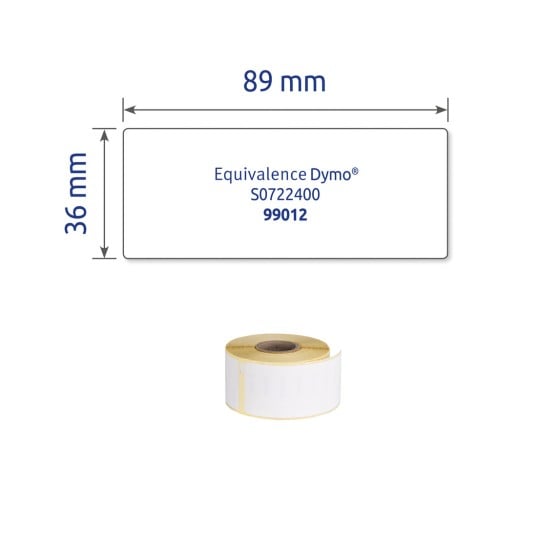 L'image montre une étiquette blanche avec des dimensions de 89 mm x 36 mm, accompagnée d'un rouleau d'étiquettes. L'étiquette contient les noms 'Equivalence Dymo®', 'S0722400' et '99012'.
