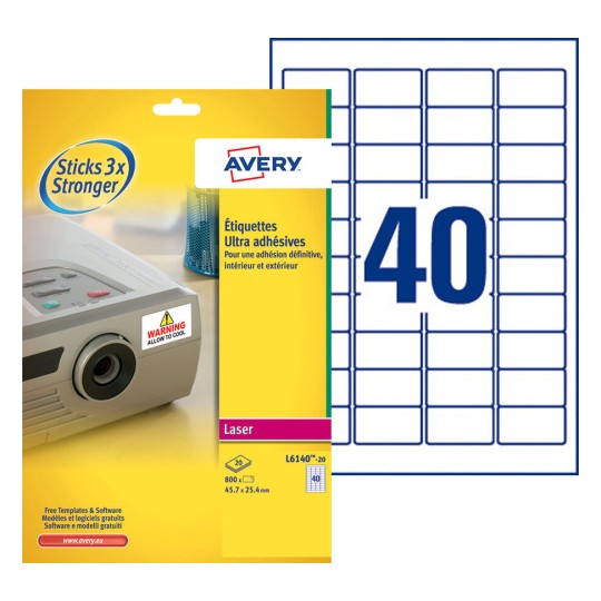 Etiquette ultra-adhésive L6140-20 Contenu: 800 Etiquettes / 20 Feuilles