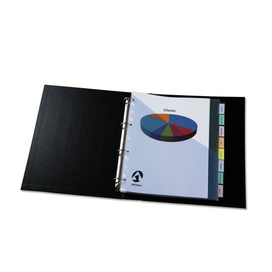 L'image montre un classeur noir ouvert avec une page intitulée 'Clients' et un graphique circulaire coloré. Il y a aussi plusieurs onglets étiquetés sur le côté.