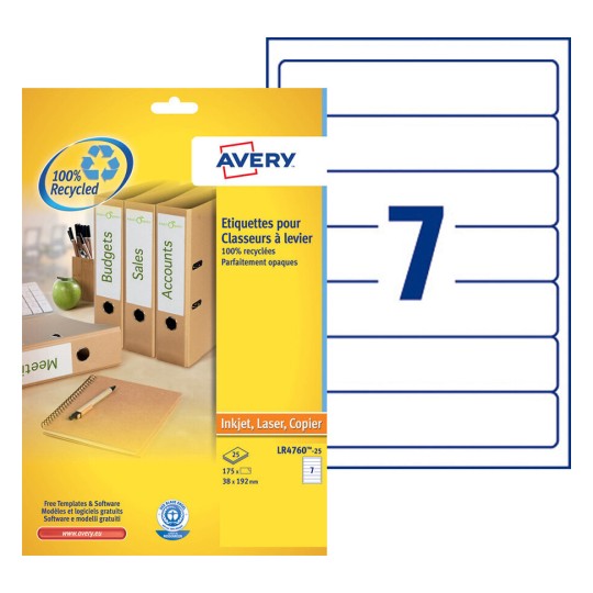 Etiquette recyclée dos de classeur LR4760-25 Contenu: 175 Etiquettes / 25 Feuilles
