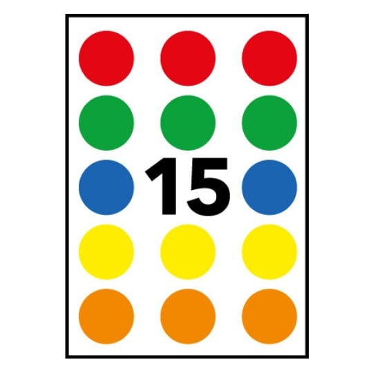 L'image montre une matrice de cercles colorés (rouge, vert, bleu, jaune, orange) avec le chiffre 15 au centre. Cela pourrait être un outil éducatif pour l'apprentissage des couleurs ou des chiffres.