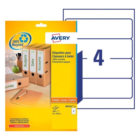 Etiquette recyclée dos de classeur LR4761-25 Contenu: 100 Etiquettes / 25 Feuilles