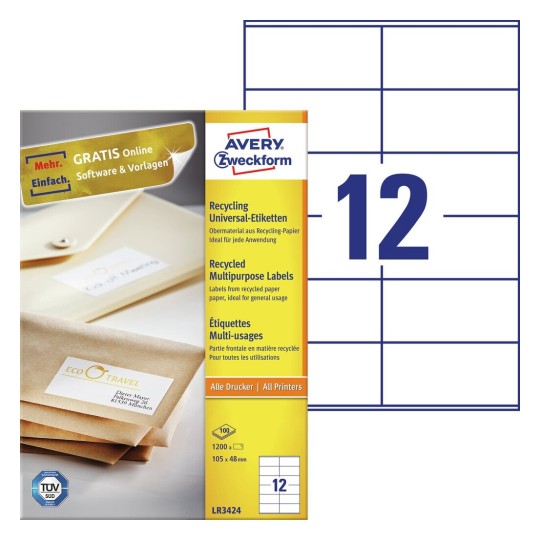 Etiquettes multi-usages recyclées LR3424 Contenu: 1.200 Etiquettes / 100 Feuilles