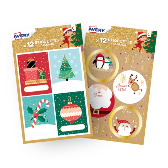 Lot de 2 sachets d’étiquettes cadeaux de Noël motifs kraft père Noël & sapin de Noël XMASBUNDLE2