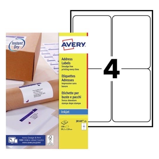 Papier autocollant Imprimante - 99,1 x 139 mm - Blanc - 4 étiquettes par  feuille