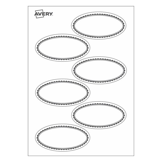 L'image présente une feuille d'étiquettes ovales blanches avec bordures décoratives. Ces étiquettes sont destinées à l'écriture ou à l'impression, probablement pour l'organisation ou l'étiquetage, et sont de marque Avery.