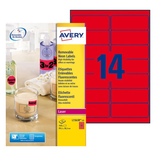 Etiquettes Fluorescentes L7263R-25 Contenu: 350 Etiquettes / 25 Feuilles