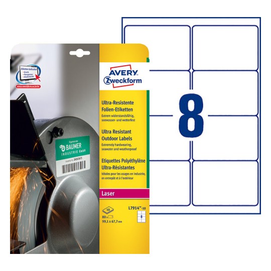 Etiquettes ultra résistantes L7914-10 Contenu: 80 Etiquettes / 10 Feuilles