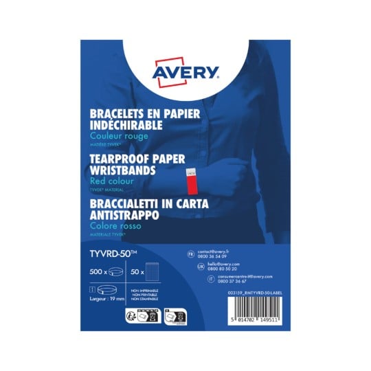 L'image montre un emballage de bracelets en papier indéchirable de couleur rouge de la marque Avery. Les spécifications du produit, y compris la matière (Tyvek), sont indiquées sur l'emballage.