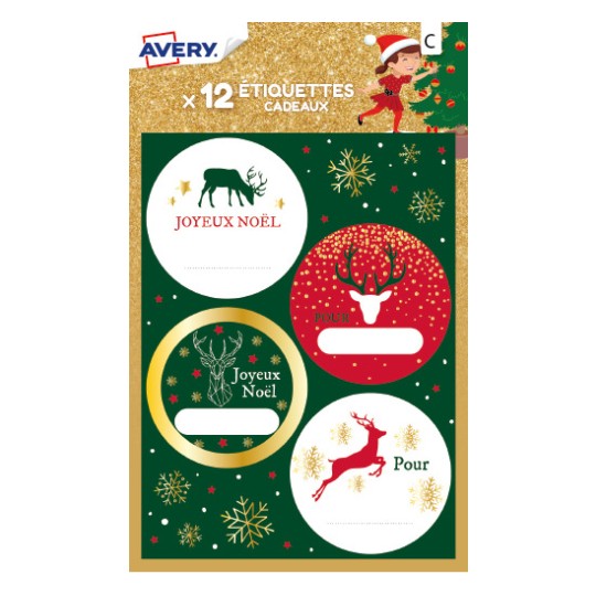 12 étiquettes cadeaux de Noël, motifs scintillants noir et doré NGIFT07