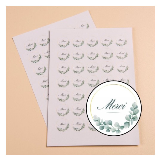 140 étiquettes Merci eucalyptus autocollantes en planche - papier recyclé ISMERCI140E