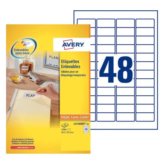 Etiquettes enlevables L4736REV-25 Contenu: 1.200 Etiquettes / 25 Feuilles