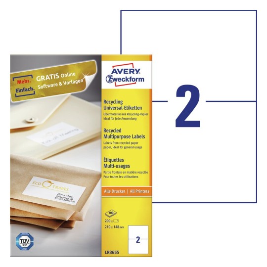 Etiquettes multi-usages recyclées LR3655 Contenu: 200 Etiquettes / 100 Feuilles