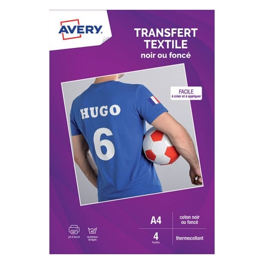 HYPERBURO  TRANSFERT TEXTILE AVERY A4 JET D ENCRE PAQUET DE 4 COLORIS NOIR  OU FONCE