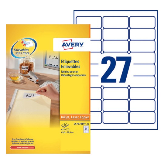 Etiquettes enlevables L4737REV-25 Contenu: 675 Etiquettes / 25 Feuilles