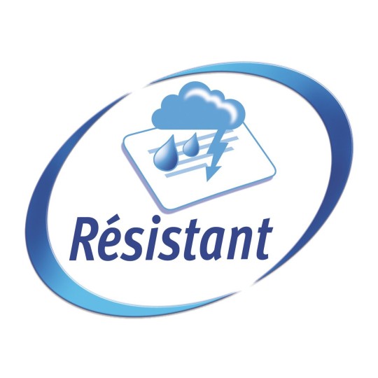 L'image représente un symbole de résistance aux intempéries, avec des icônes de nuage, gouttes d'eau, et un éclair, accompagné du mot 'Résistant'.