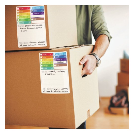 L'image montre une personne portant des cartons étiquetés avec différents contenus. Les étiquettes indiquent des catégories comme 'cuisine', 'salon', et 'chambre'. Le carton contient des 'livres, doudous, jouets...'.