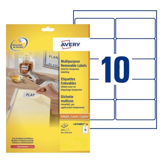 Etiquettes enlevables L4744REV-25 Contenu: 250 Etiquettes / 25 Feuilles