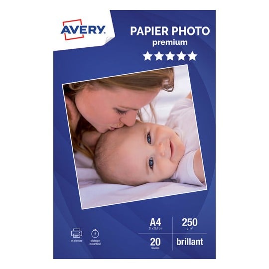 PAPIER PHOTO AVERY BRILLANT 250G A4 PAQUET DE 20 FEUILLES