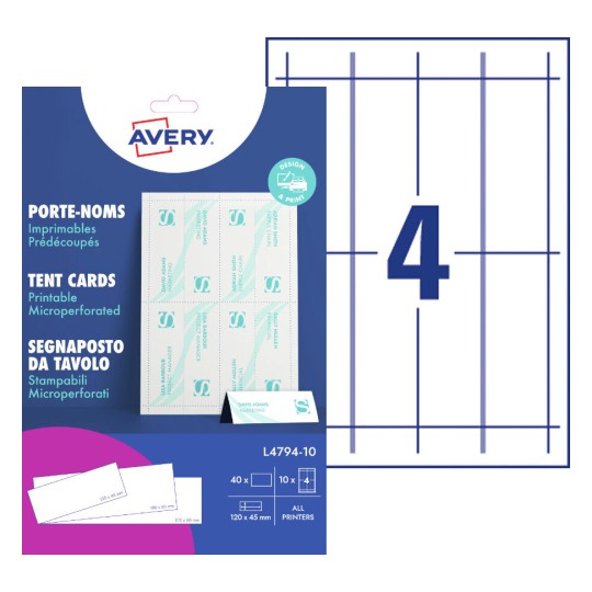 L'image montre un paquet de cartes de tente de la marque Avery, avec une illustration de la façon de les imprimer et les dimensions incluses.