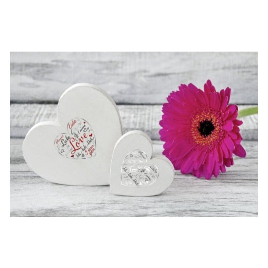 L'image montre des coeurs en bois blancs avec des inscriptions sur l'amour, et une fleur rose à côté.