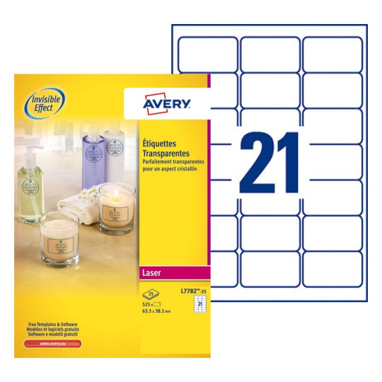 Etiquettes transparentes brillantes L7782-25 Contenu: 525 Etiquettes / 25 Feuilles