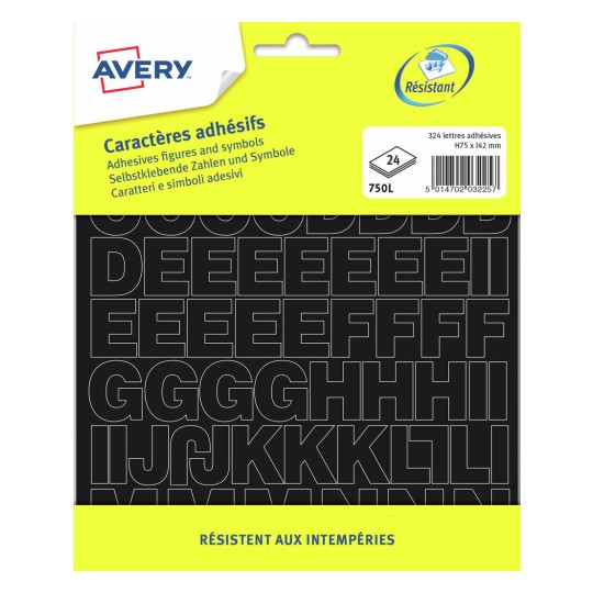 324 lettres adhésives + symboles - 75mm / Noir 750L