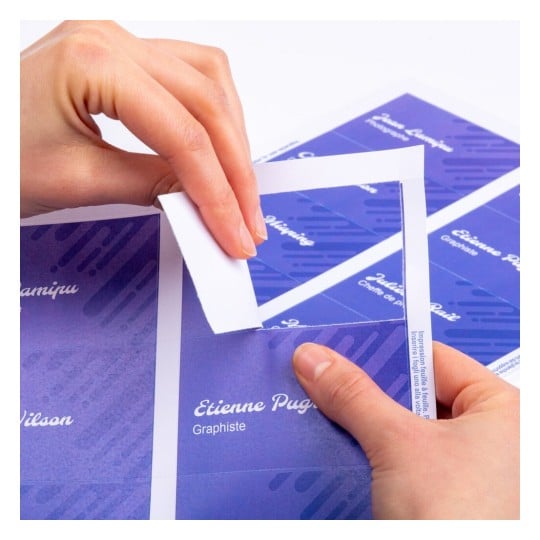 L'image montre une personne en train de décoller une étiquette ou un autocollant d'une feuille, avec des noms sur des zones colorées en violet au fond.