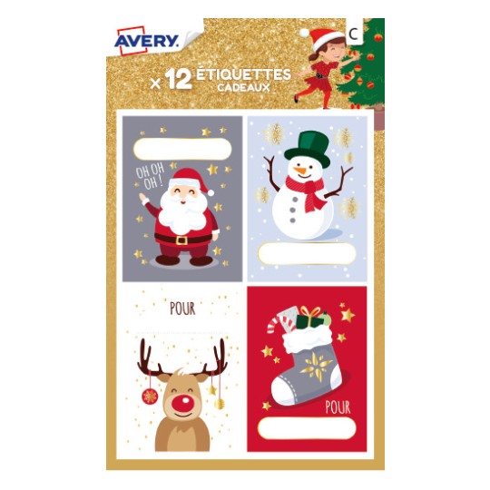 12 étiquettes cadeaux de Noël, bonhomme de neige et Père Noël NGIFT01