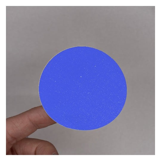 Une personne tient un disque circulaire bleu en avant-plan. Le fond est neutre.