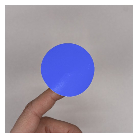 C'est une image d'une main tenant un petit cercle bleu. Le fond est neutre et met en valeur la couleur vive du cercle.