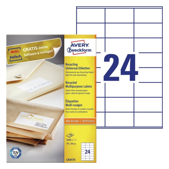 Etiquettes multi-usages recyclées LR3475 Contenu: 2.400 Etiquettes / 100 Feuilles
