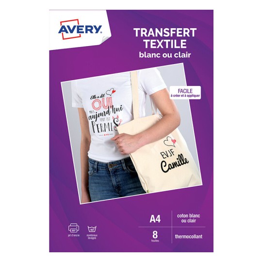 Avery C9405-24 Lot de 24 Transferts textiles pour coton A4 jet dencre Blanc/Clair 