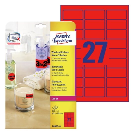 Etiquettes Fluorescentes L6003-25 Contenu: 540 Etiquettes / 25 Feuilles