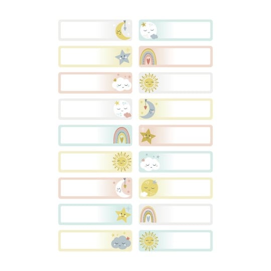L'image présente des étiquettes de différentes formes avec des motifs doux comme des étoiles, des lunes, des nuages et des arc-en-ciel. Chaque étiquette a un fond coloré et des illustrations bienveillantes, idéales pour des projets créatifs ou l'organisation.