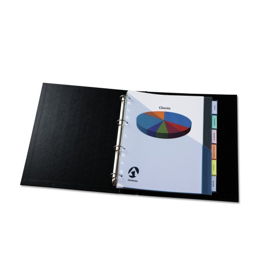 L'image montre un classeur noir ouvert contenant un graphique circulaire portant la mention 'Clients', avec plusieurs onglets étiquetés pour différentes catégories comme Production, Marketing, etc.