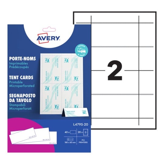 L'image montre un paquet de porte-noms imprimables de marque Avery, avec un aperçu d'une carte de table pré-perforée où est inscrit le numéro 2.