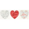 L'image montre trois cœurs décoratifs. Chaque cœur contient des mots d'amour en différentes langues, comme 'Amour', 'Liebe', 'Amore', ainsi que des phrases comme 'Je t'aime' et 'I love you'. Les cœurs varient en couleur, incluant blanc et rouge, avec des motifs délicats.