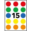 L'image montre une matrice de cercles colorés (rouge, vert, bleu, jaune, orange) avec le chiffre 15 au centre. Cela pourrait être un outil éducatif pour l'apprentissage des couleurs ou des chiffres.