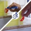 L'image montre deux actions: une main utilisant un marqueur sur un label et une autre main retirant un autocollant d'une boîte. Les documents jaunes sont visibles à l'intérieur de conteneurs transparents. Un symbole de minuterie indique '5 min'.