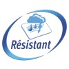 L'image représente un symbole de résistance aux intempéries, avec des icônes de nuage, gouttes d'eau, et un éclair, accompagné du mot 'Résistant'.