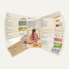 Une image montrant un dépliant de produits Avery avec des exemples de papiers et d'étiquettes, accompagné d'une femme qui personnalise des bocaux.